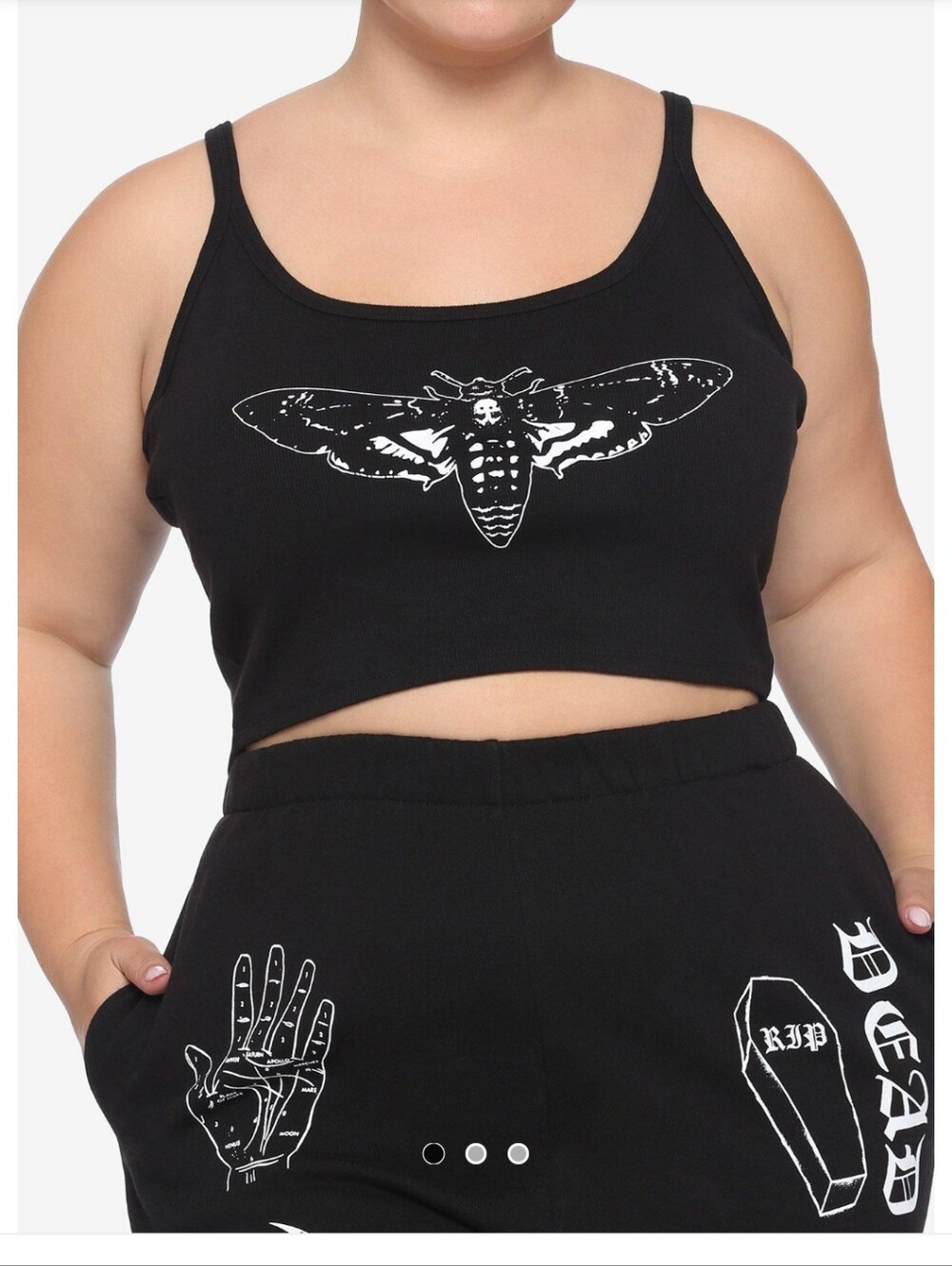 Hot Topic Black Graphic Crop Tank Top with White Moth Print